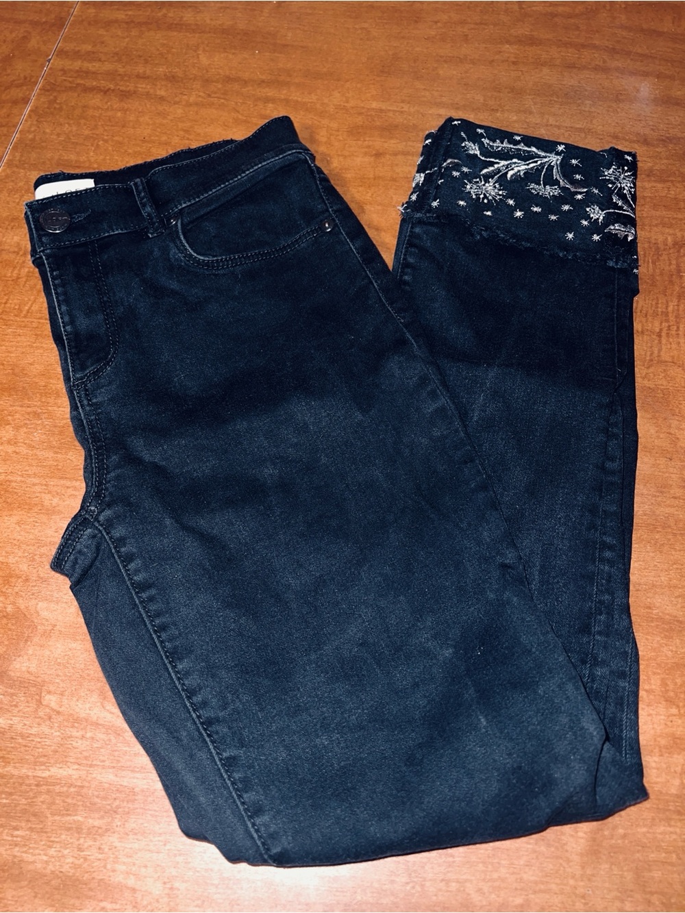 LOFT Black Straight-Leg Jeans with Embroidered Cuff